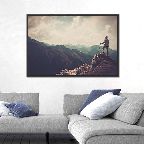 Woman Hiker On A Top Of Mountain Canvas Wall Art-3 Horizontal-Gallery Wrap-25" x 16"-Tiaracle