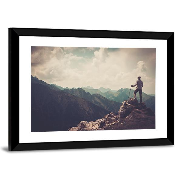 Woman Hiker On A Top Of Mountain Canvas Wall Art-3 Horizontal-Gallery Wrap-25" x 16"-Tiaracle