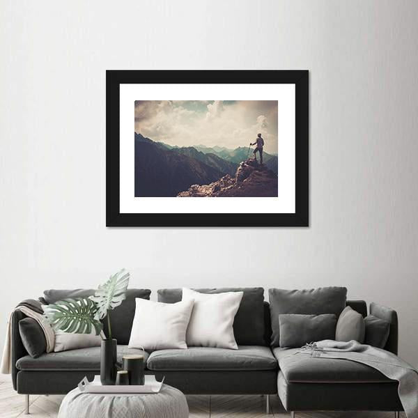 Woman Hiker On A Top Of Mountain Canvas Wall Art-3 Horizontal-Gallery Wrap-25" x 16"-Tiaracle