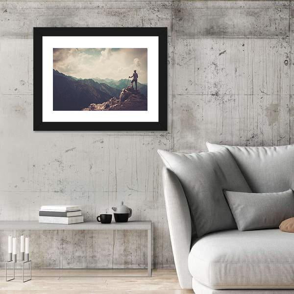 Woman Hiker On A Top Of Mountain Canvas Wall Art-3 Horizontal-Gallery Wrap-25" x 16"-Tiaracle