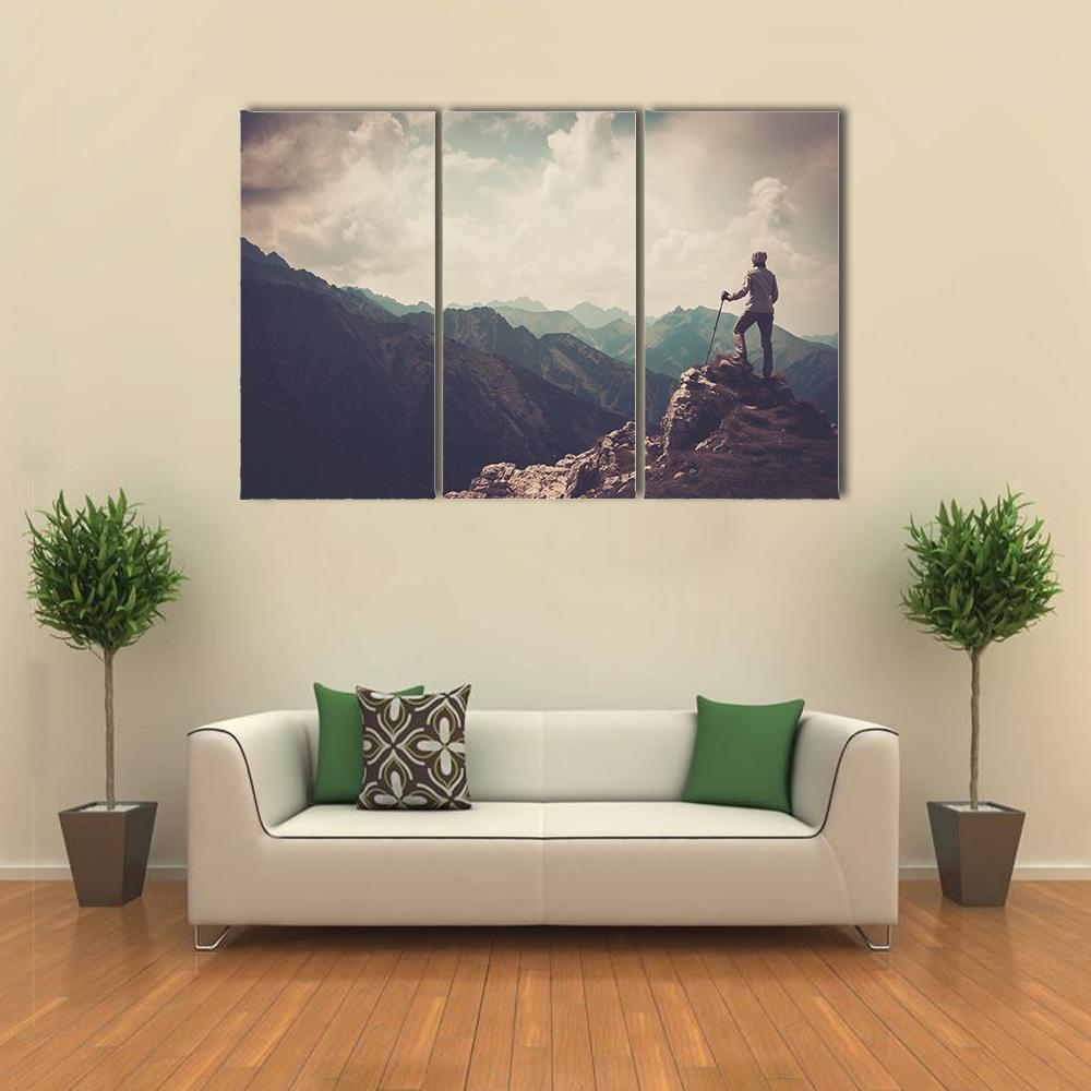 Woman Hiker On A Top Of Mountain Canvas Wall Art-3 Horizontal-Gallery Wrap-37" x 24"-Tiaracle
