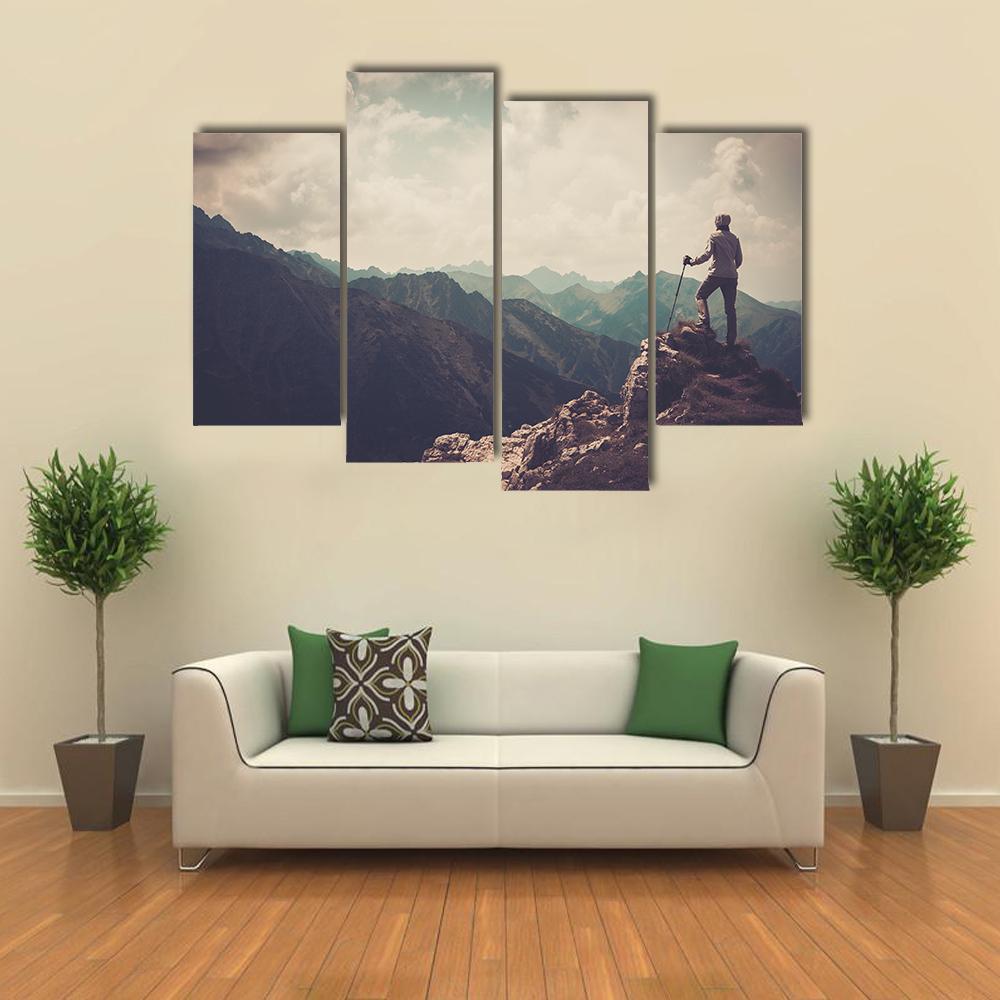 Woman Hiker On A Top Of Mountain Canvas Wall Art-4 Pop-Gallery Wrap-50" x 32"-Tiaracle