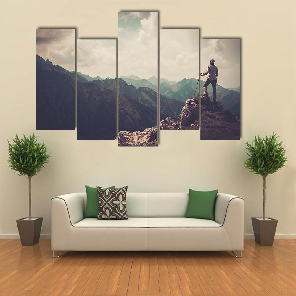Woman Hiker On A Top Of Mountain Canvas Wall Art-5 Pop-Gallery Wrap-47" x 32"-Tiaracle