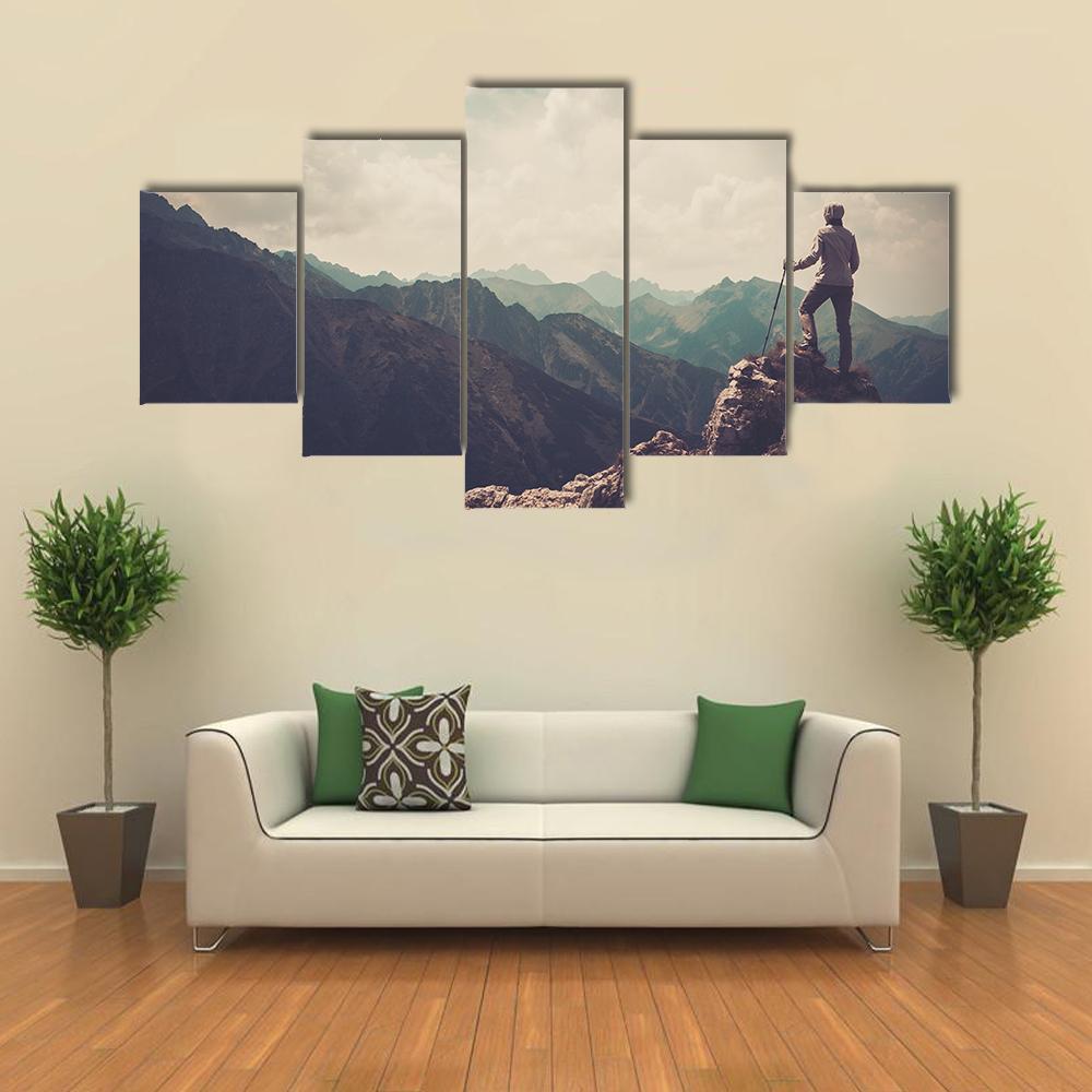 Woman Hiker On A Top Of Mountain Canvas Wall Art-5 Star-Gallery Wrap-62" x 32"-Tiaracle