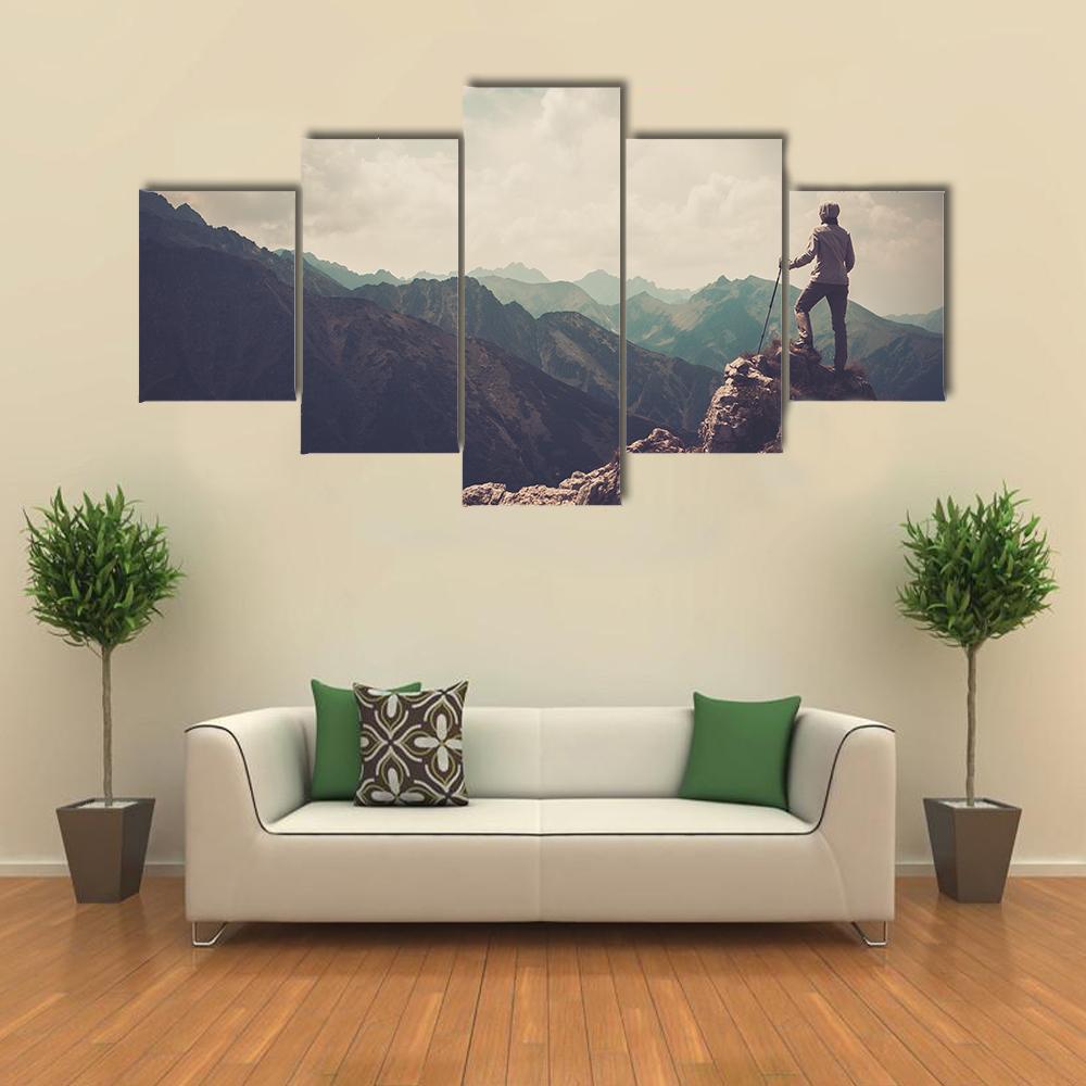 Woman Hiker On A Top Of Mountain Canvas Wall Art-3 Horizontal-Gallery Wrap-37" x 24"-Tiaracle