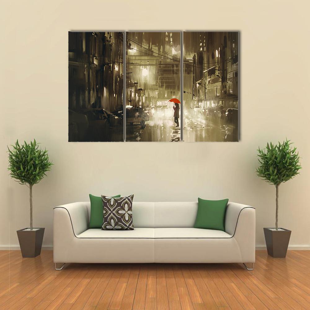 Woman In Rainy Night Illustration Canvas Wall Art-3 Horizontal-Gallery Wrap-25" x 16"-Tiaracle