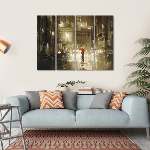 Woman In Rainy Night Illustration Canvas Wall Art-4 Horizontal-Gallery Wrap-34" x 24"-Tiaracle