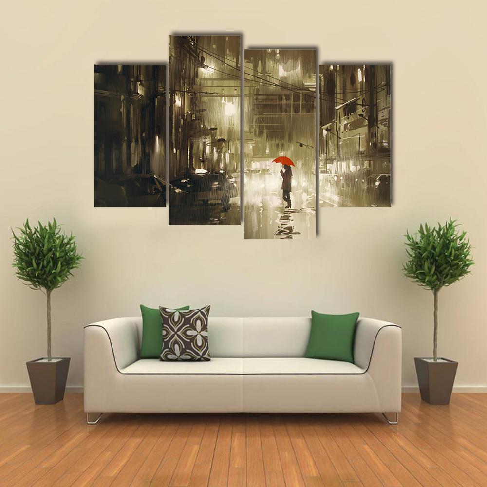 Woman In Rainy Night Illustration Canvas Wall Art-4 Pop-Gallery Wrap-34" x 20"-Tiaracle
