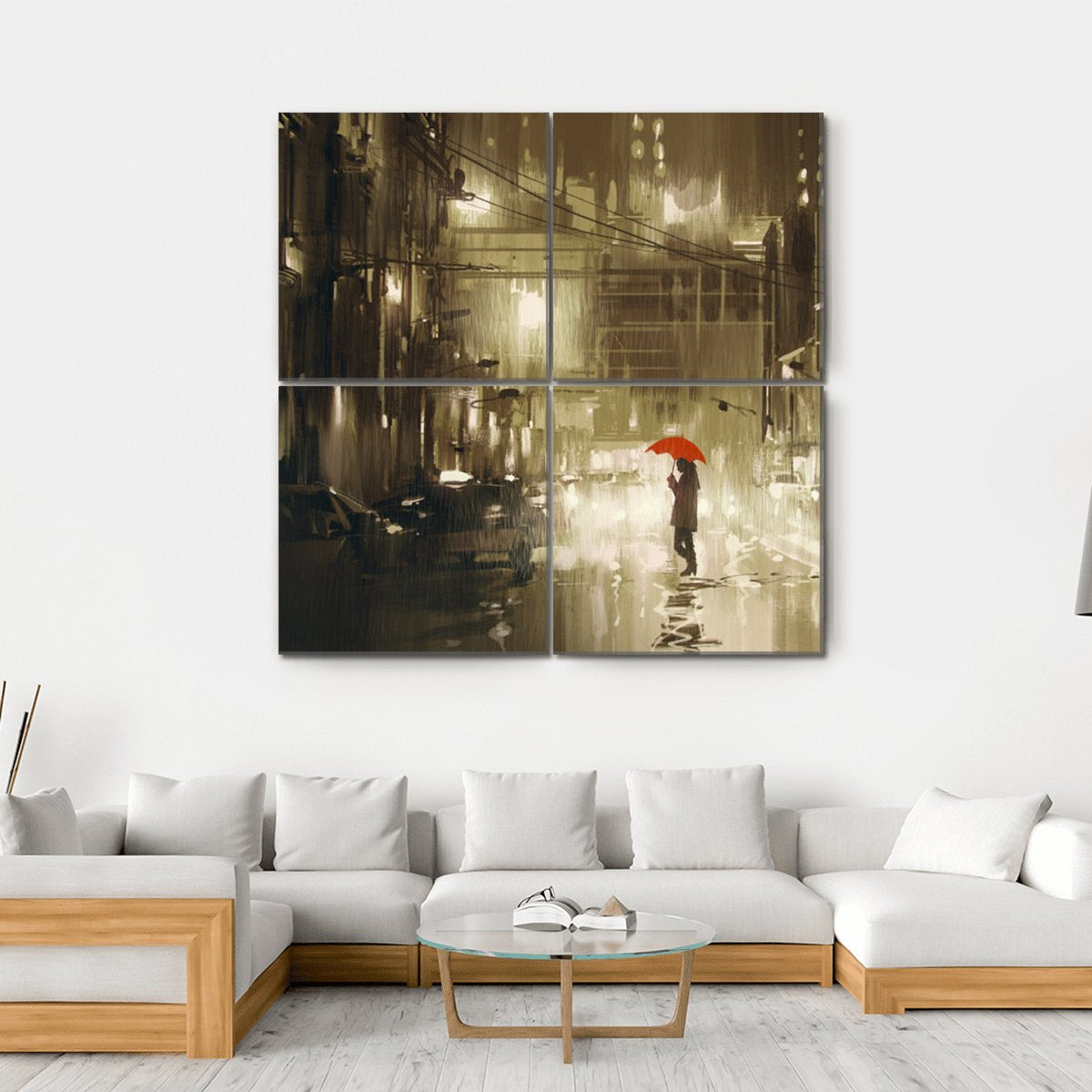 Woman In Rainy Night Illustration Canvas Wall Art-4 Square-Gallery Wrap-17" x 17"-Tiaracle