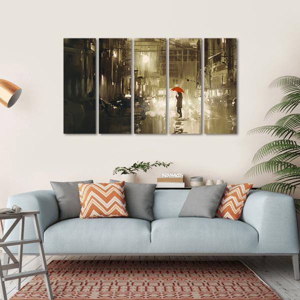 Woman In Rainy Night Illustration Canvas Wall Art-5 Horizontal-Gallery Wrap-22" x 12"-Tiaracle