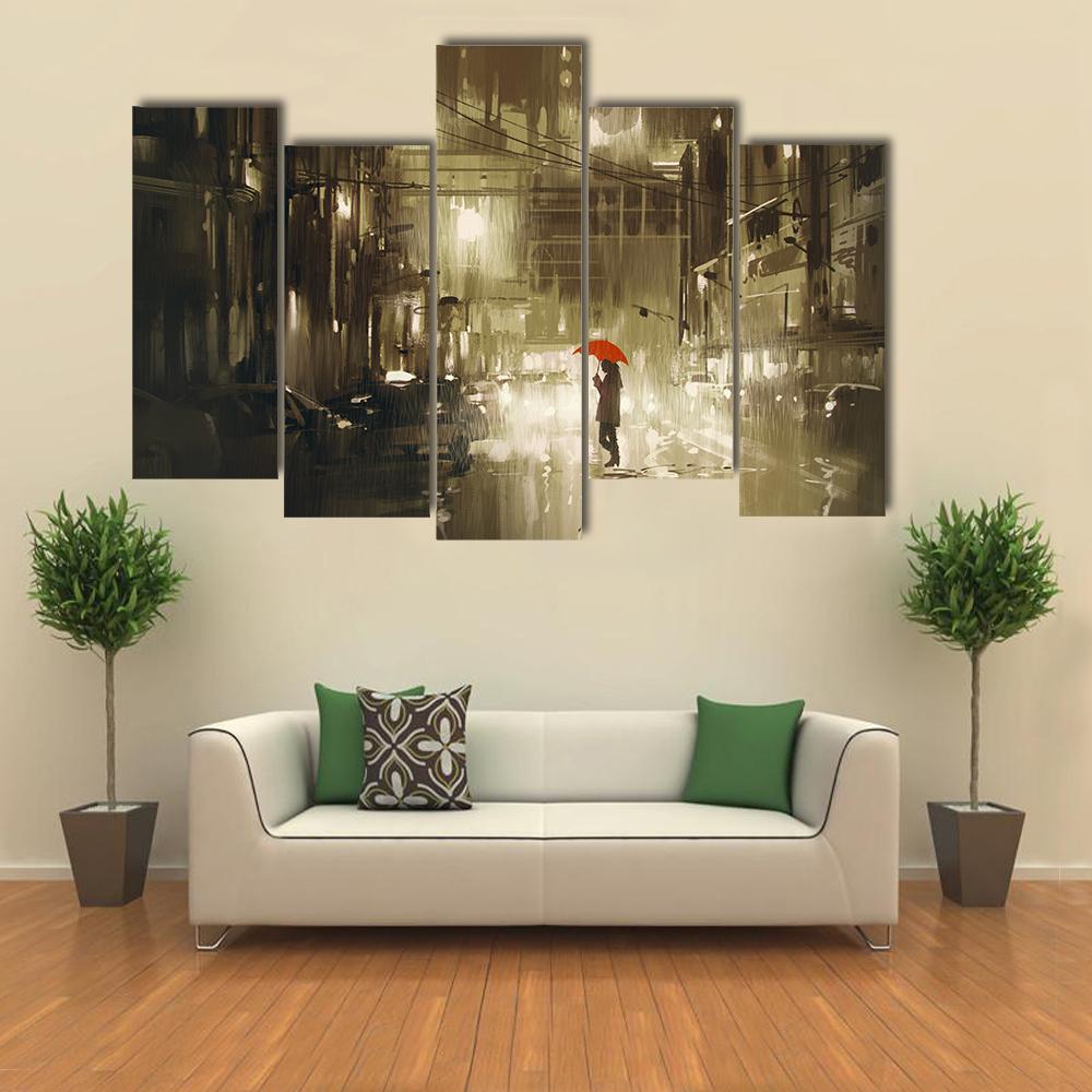 Woman In Rainy Night Illustration Canvas Wall Art-5 Pop-Gallery Wrap-32" x 21"-Tiaracle