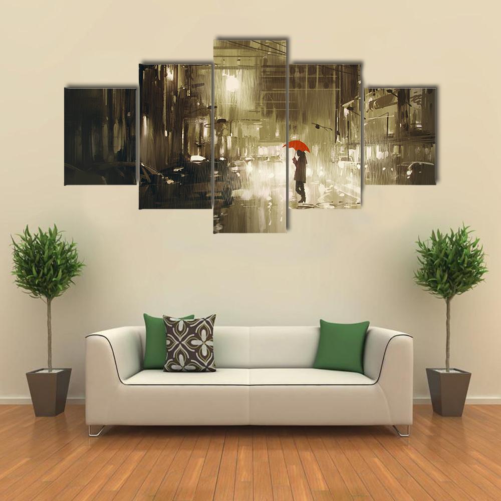Woman In Rainy Night Illustration Canvas Wall Art-5 Star-Gallery Wrap-42" x 21"-Tiaracle