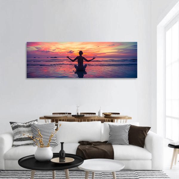 Woman Meditation On The Beach Panoramic Canvas Wall Art-1 Piece-36&quot; x 12&quot;-Tiaracle