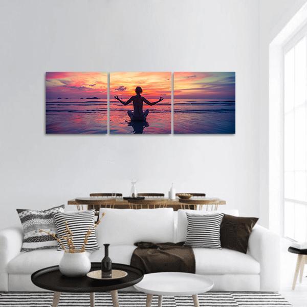 Woman Meditation On The Beach Panoramic Canvas Wall Art-3 Piece-25" x 08"-Tiaracle
