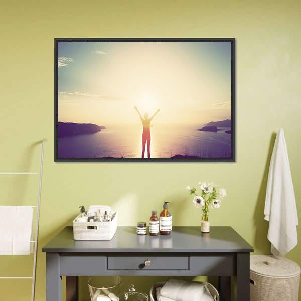 Woman On Cliff Canvas Wall Art-1 Piece-Floating Frame-24" x 16"-Tiaracle