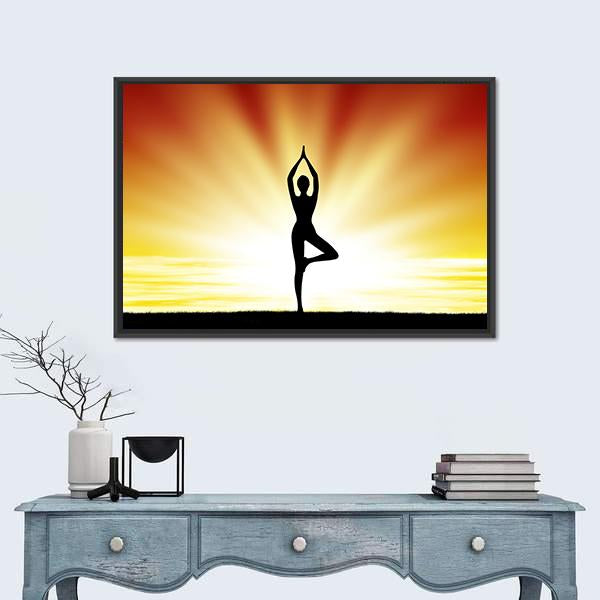Woman Practice Yoga At Beach During Sunset Canvas Wall Art-1 Piece-Floating Frame-24&quot; x 16&quot;-Tiaracle