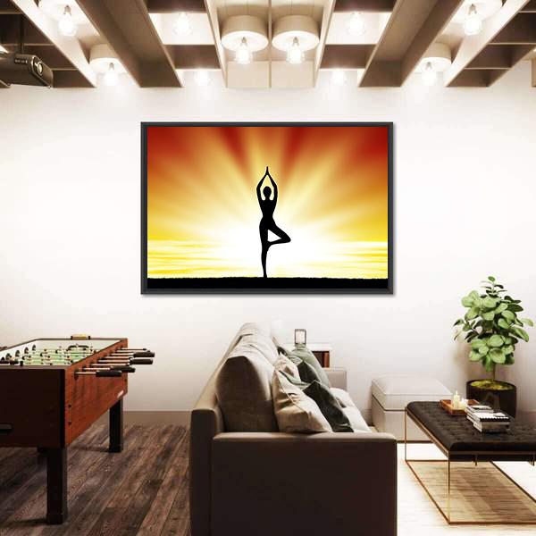 Woman Practice Yoga At Beach During Sunset Canvas Wall Art-5 Horizontal-Gallery Wrap-22" x 12"-Tiaracle