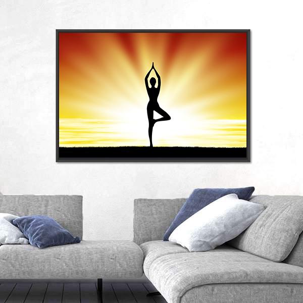 Woman Practice Yoga At Beach During Sunset Canvas Wall Art-5 Horizontal-Gallery Wrap-22" x 12"-Tiaracle