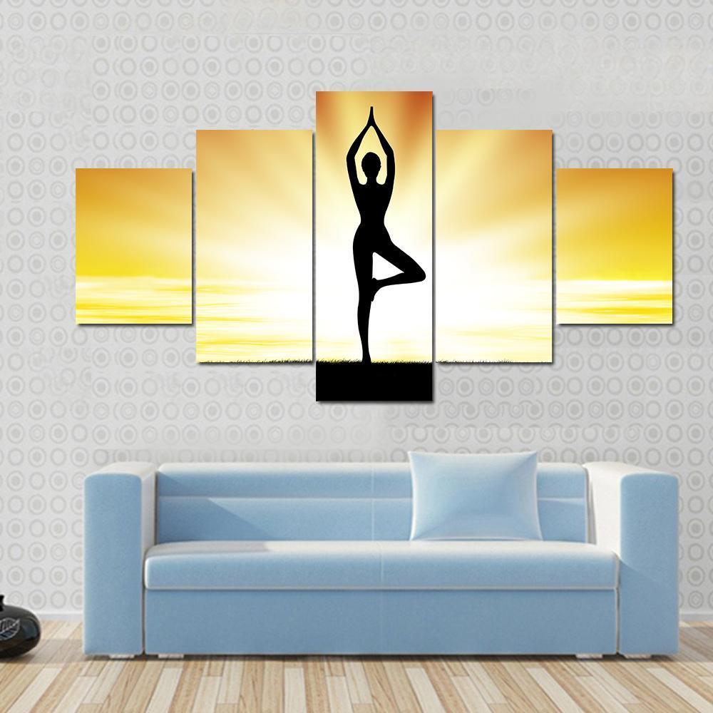 Woman Practice Yoga At Beach During Sunset Canvas Wall Art-5 Star-Gallery Wrap-62&quot; x 32&quot;-Tiaracle