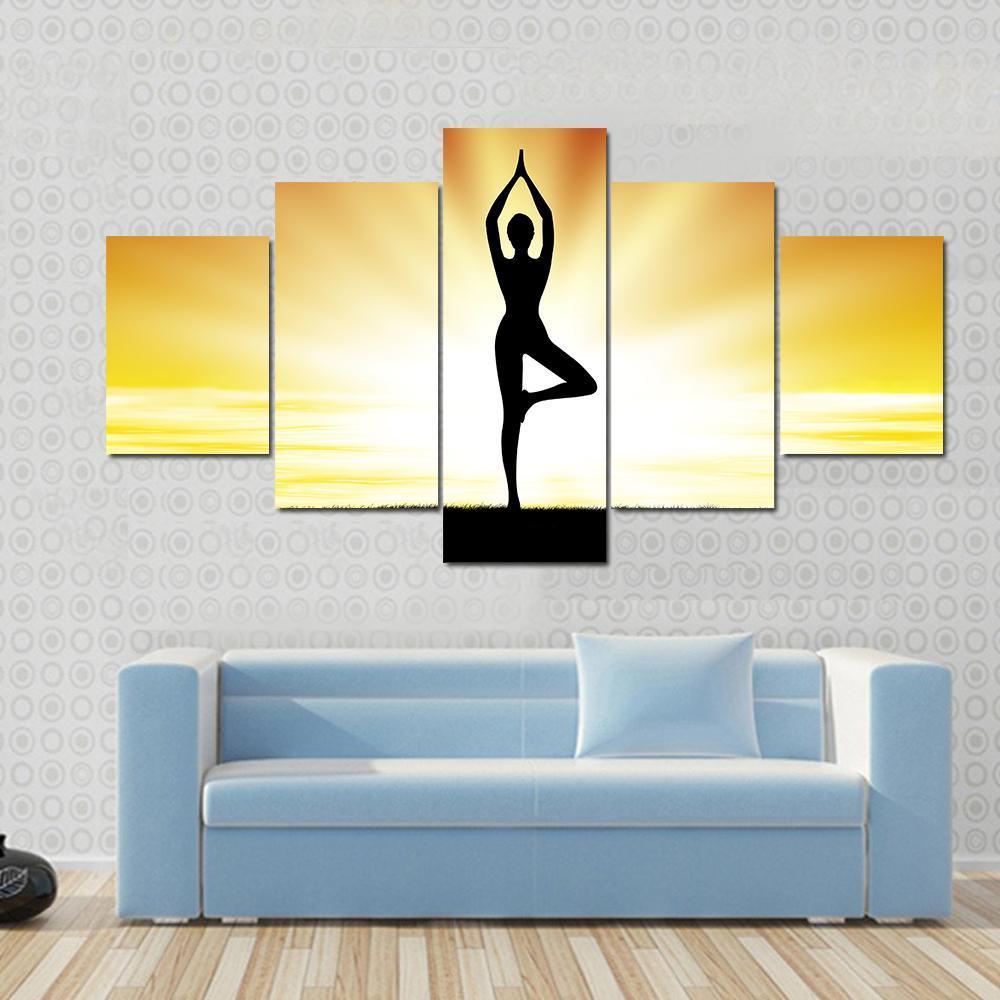 Woman Practice Yoga At Beach During Sunset Canvas Wall Art-5 Star-Gallery Wrap-62" x 32"-Tiaracle