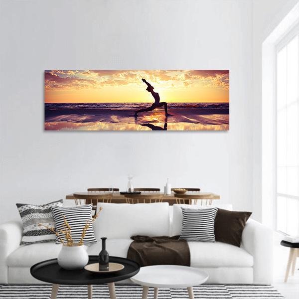 Woman Practicing Yoga At Sunset Panoramic Canvas Wall Art-1 Piece-36&quot; x 12&quot;-Tiaracle