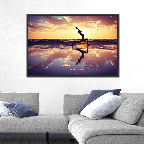 Woman Practicing Yoga At Sunset Panoramic Canvas Wall Art-1 Piece-36" x 12"-Tiaracle
