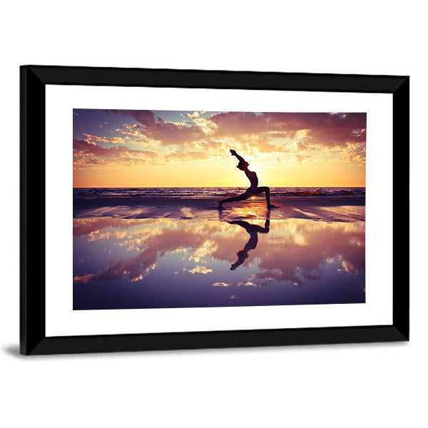 Woman Practicing Yoga At Sunset Panoramic Canvas Wall Art-1 Piece-36" x 12"-Tiaracle