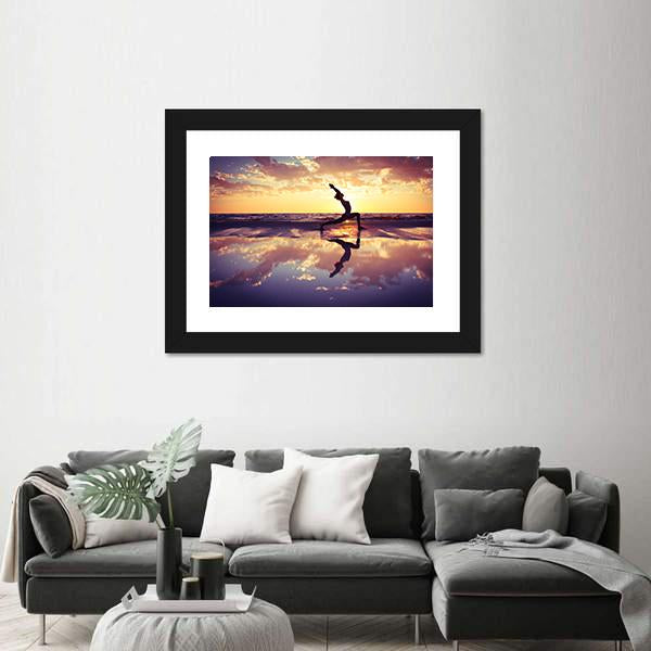 Woman Practicing Yoga At Sunset Panoramic Canvas Wall Art-1 Piece-36&quot; x 12&quot;-Tiaracle
