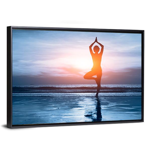 Woman Practicing Yoga At The Beach Canvas Wall Art-3 Horizontal-Gallery Wrap-25" x 16"-Tiaracle