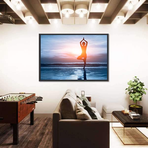 Woman Practicing Yoga At The Beach Canvas Wall Art-5 Horizontal-Gallery Wrap-22&quot; x 12&quot;-Tiaracle