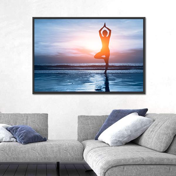 Woman Practicing Yoga At The Beach Canvas Wall Art-3 Horizontal-Gallery Wrap-25" x 16"-Tiaracle