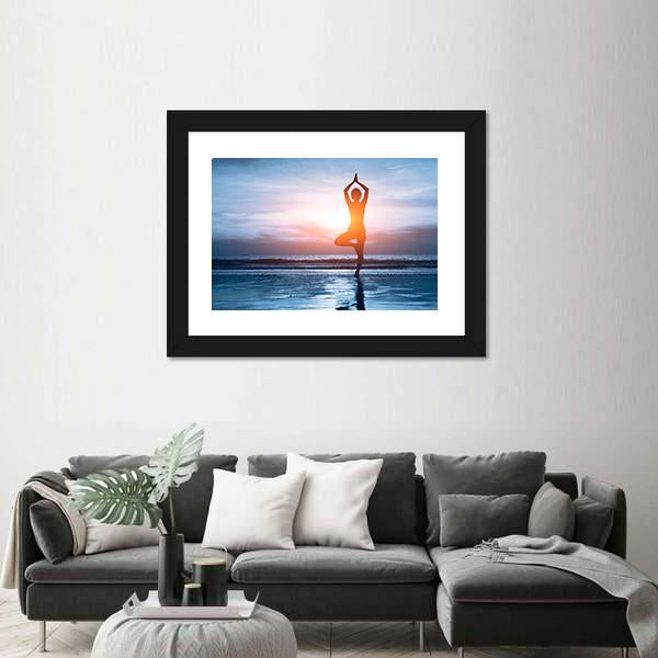 Woman Practicing Yoga At The Beach Canvas Wall Art-3 Horizontal-Gallery Wrap-25&quot; x 16&quot;-Tiaracle