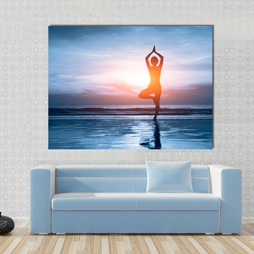Woman Practicing Yoga At The Beach Canvas Wall Art-1 Piece-Gallery Wrap-48&quot; x 32&quot;-Tiaracle