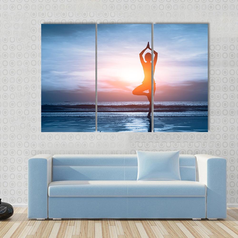 Woman Practicing Yoga At The Beach Canvas Wall Art-3 Horizontal-Gallery Wrap-37" x 24"-Tiaracle