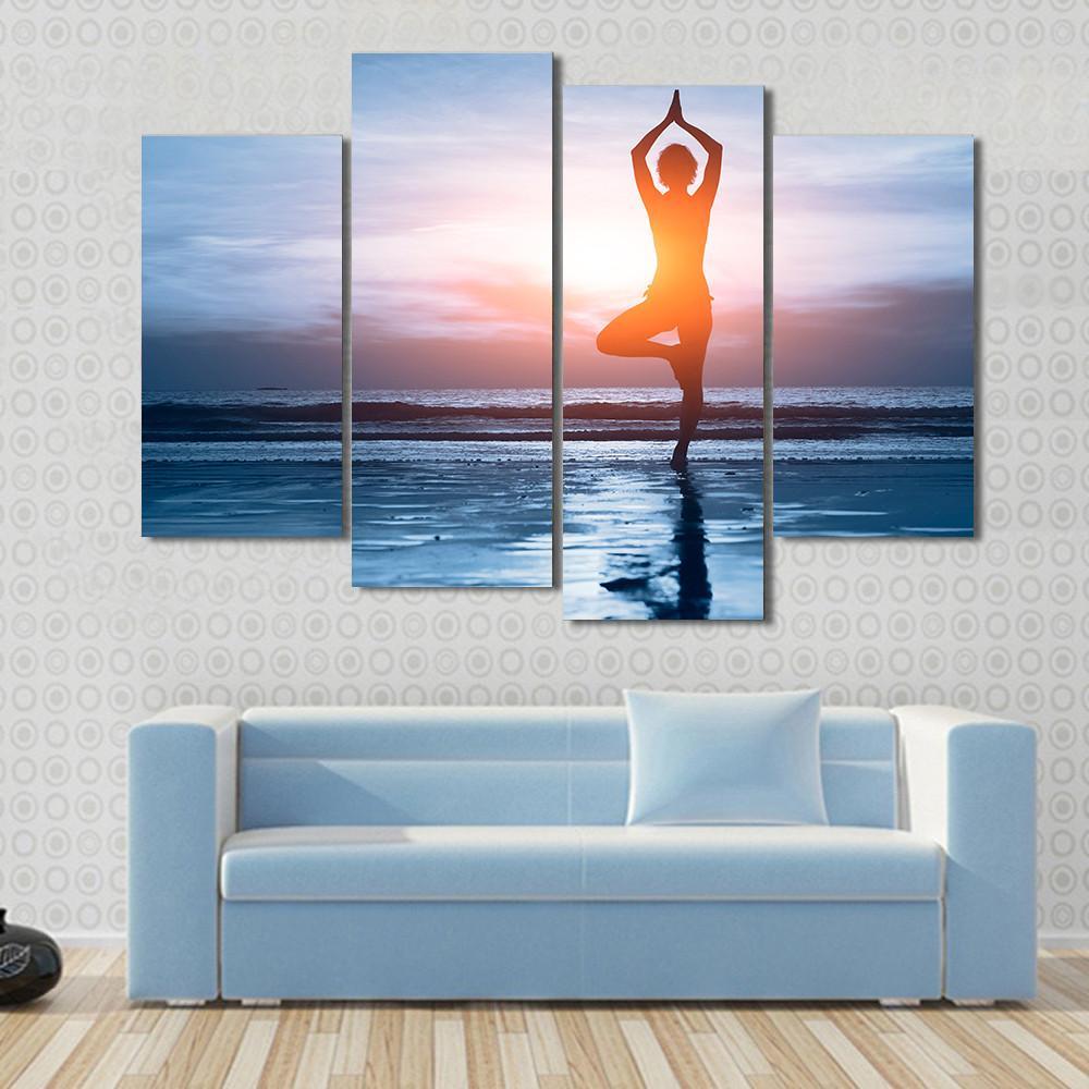 Woman Practicing Yoga At The Beach Canvas Wall Art-4 Pop-Gallery Wrap-50" x 32"-Tiaracle