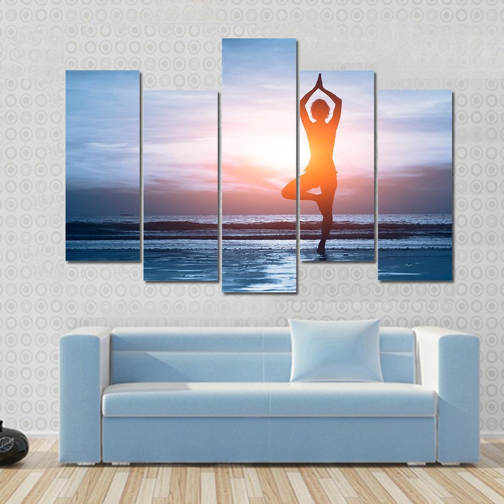 Woman Practicing Yoga At The Beach Canvas Wall Art-5 Pop-Gallery Wrap-47" x 32"-Tiaracle
