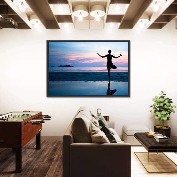 Woman Practicing Yoga On The Beach After Sunset Canvas Wall Art-5 Horizontal-Gallery Wrap-22" x 12"-Tiaracle