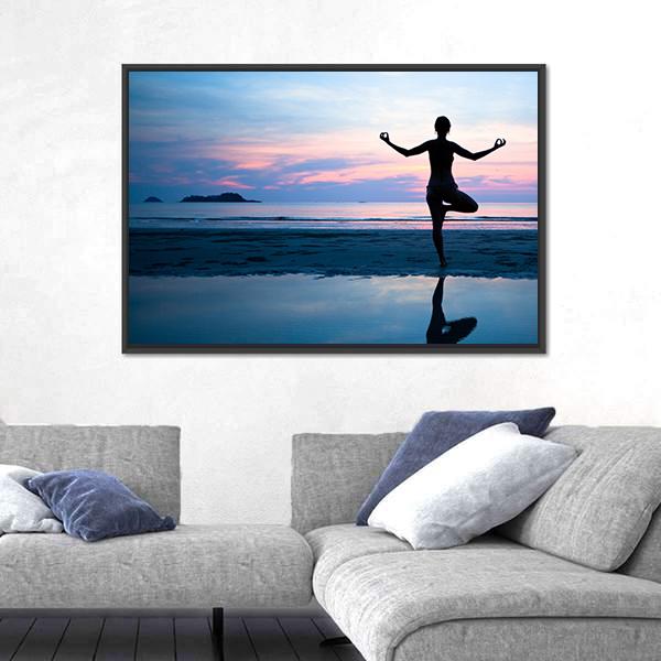 Woman Practicing Yoga On The Beach After Sunset Canvas Wall Art-5 Horizontal-Gallery Wrap-22" x 12"-Tiaracle
