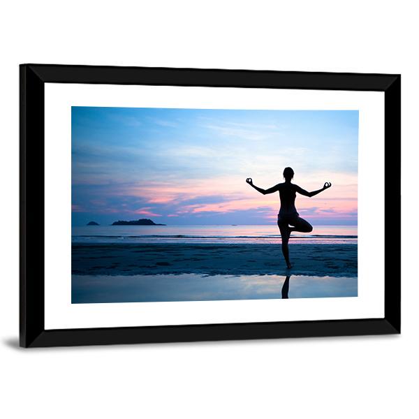 Woman Practicing Yoga On The Beach After Sunset Canvas Wall Art-5 Horizontal-Gallery Wrap-22" x 12"-Tiaracle