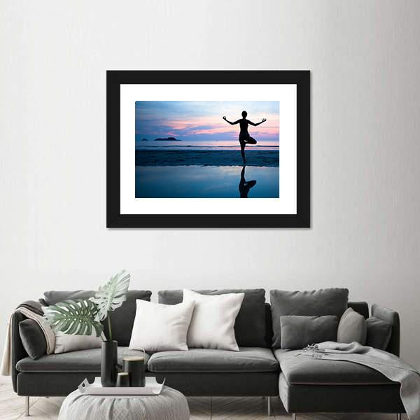 Woman Practicing Yoga On The Beach After Sunset Canvas Wall Art-5 Horizontal-Gallery Wrap-22" x 12"-Tiaracle