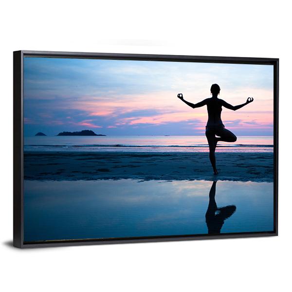Woman Practicing Yoga On The Beach After Sunset Canvas Wall Art-5 Horizontal-Gallery Wrap-22" x 12"-Tiaracle