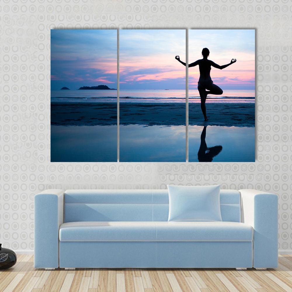 Woman Practicing Yoga On The Beach After Sunset Canvas Wall Art-3 Horizontal-Gallery Wrap-37&quot; x 24&quot;-Tiaracle