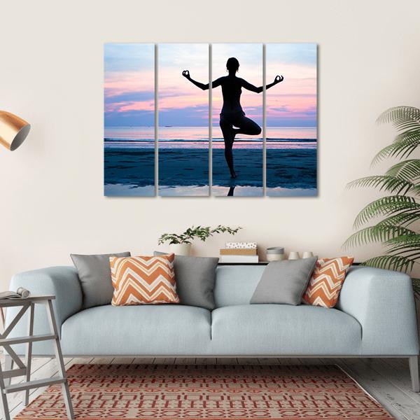 Woman Practicing Yoga On The Beach After Sunset Canvas Wall Art-4 Horizontal-Gallery Wrap-34" x 24"-Tiaracle