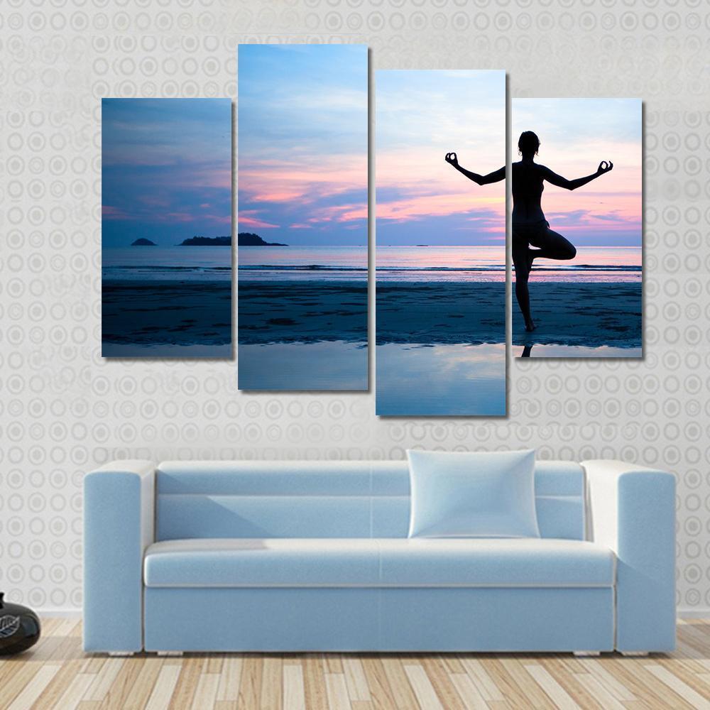 Woman Practicing Yoga On The Beach After Sunset Canvas Wall Art-4 Pop-Gallery Wrap-50&quot; x 32&quot;-Tiaracle