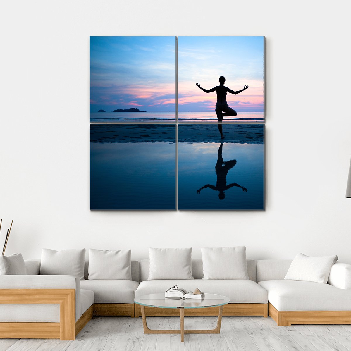 Woman Practicing Yoga On The Beach After Sunset Canvas Wall Art-4 Square-Gallery Wrap-17" x 17"-Tiaracle