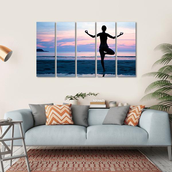 Woman Practicing Yoga On The Beach After Sunset Canvas Wall Art-5 Horizontal-Gallery Wrap-22" x 12"-Tiaracle