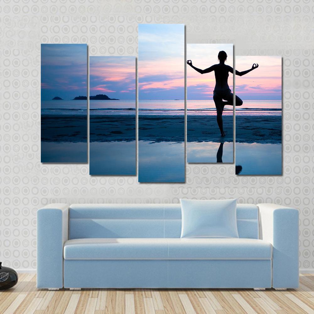 Woman Practicing Yoga On The Beach After Sunset Canvas Wall Art-5 Pop-Gallery Wrap-47&quot; x 32&quot;-Tiaracle