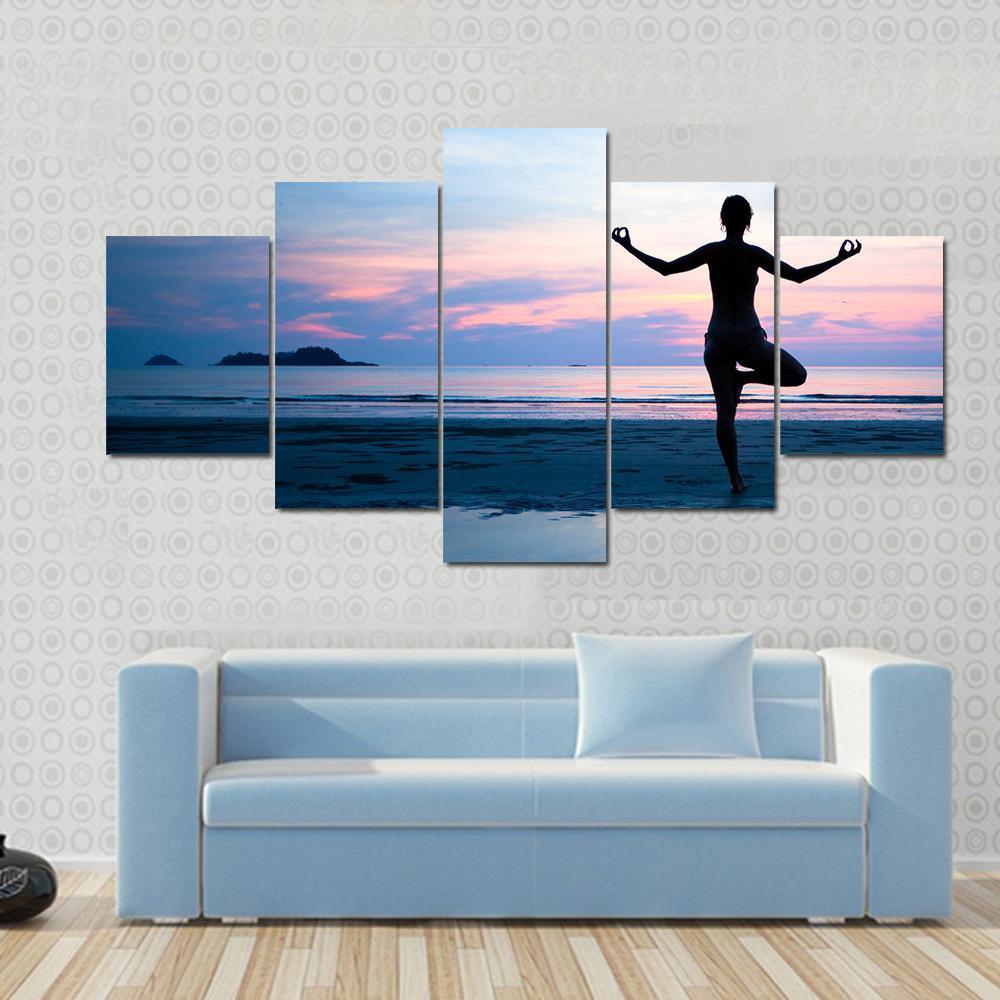Woman Practicing Yoga On The Beach After Sunset Canvas Wall Art-5 Star-Gallery Wrap-62&quot; x 32&quot;-Tiaracle