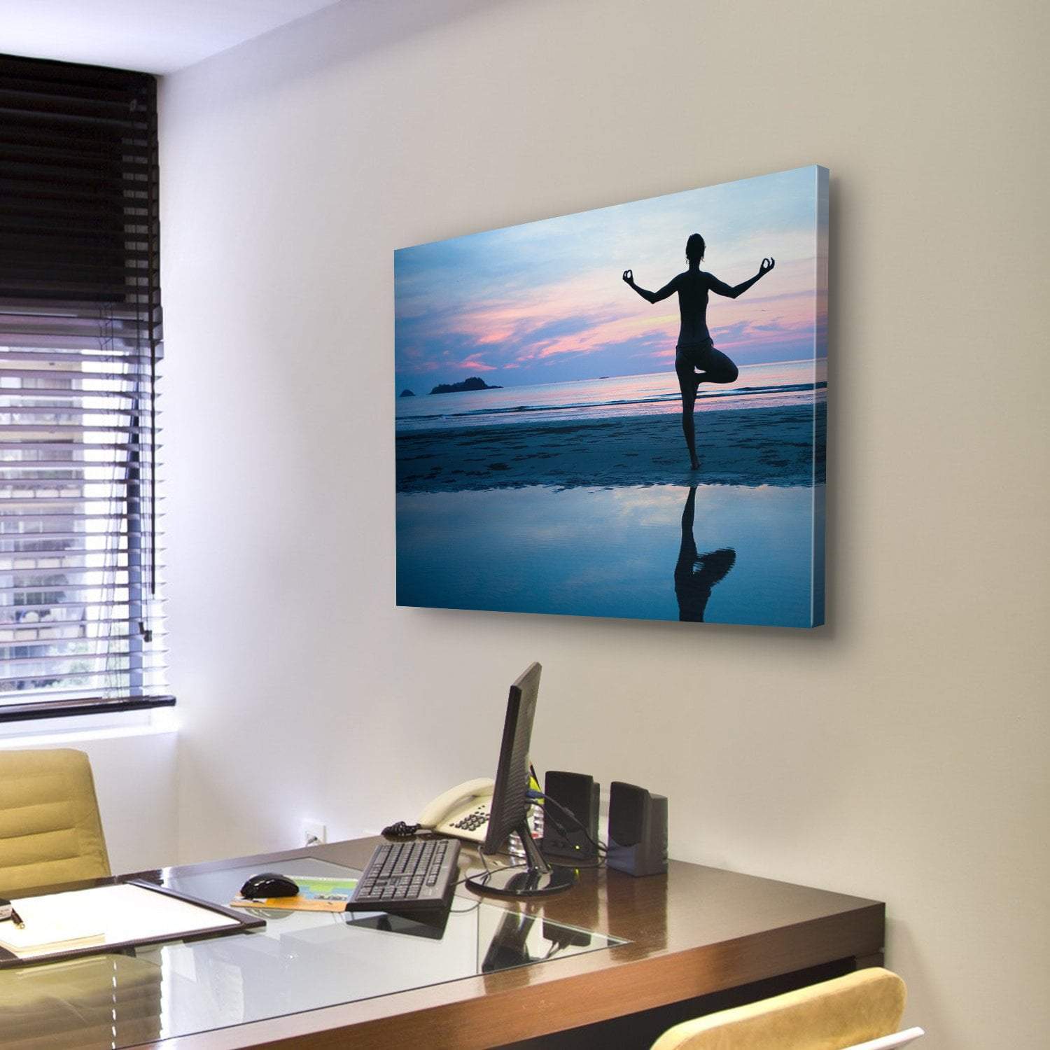 Woman Practicing Yoga On The Beach After Sunset Canvas Wall Art-3 Horizontal-Gallery Wrap-25" x 16"-Tiaracle