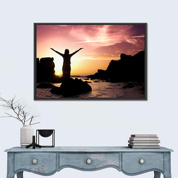 Woman Silhouette After Success Canvas Wall Art-1 Piece-Floating Frame-24" x 16"-Tiaracle